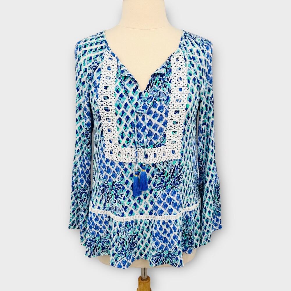 Lilly Pulitzer Amisa Tunic Top Bell Sleeve Crochet Trim Boho Flowy Top Small - Picture 4 of 11